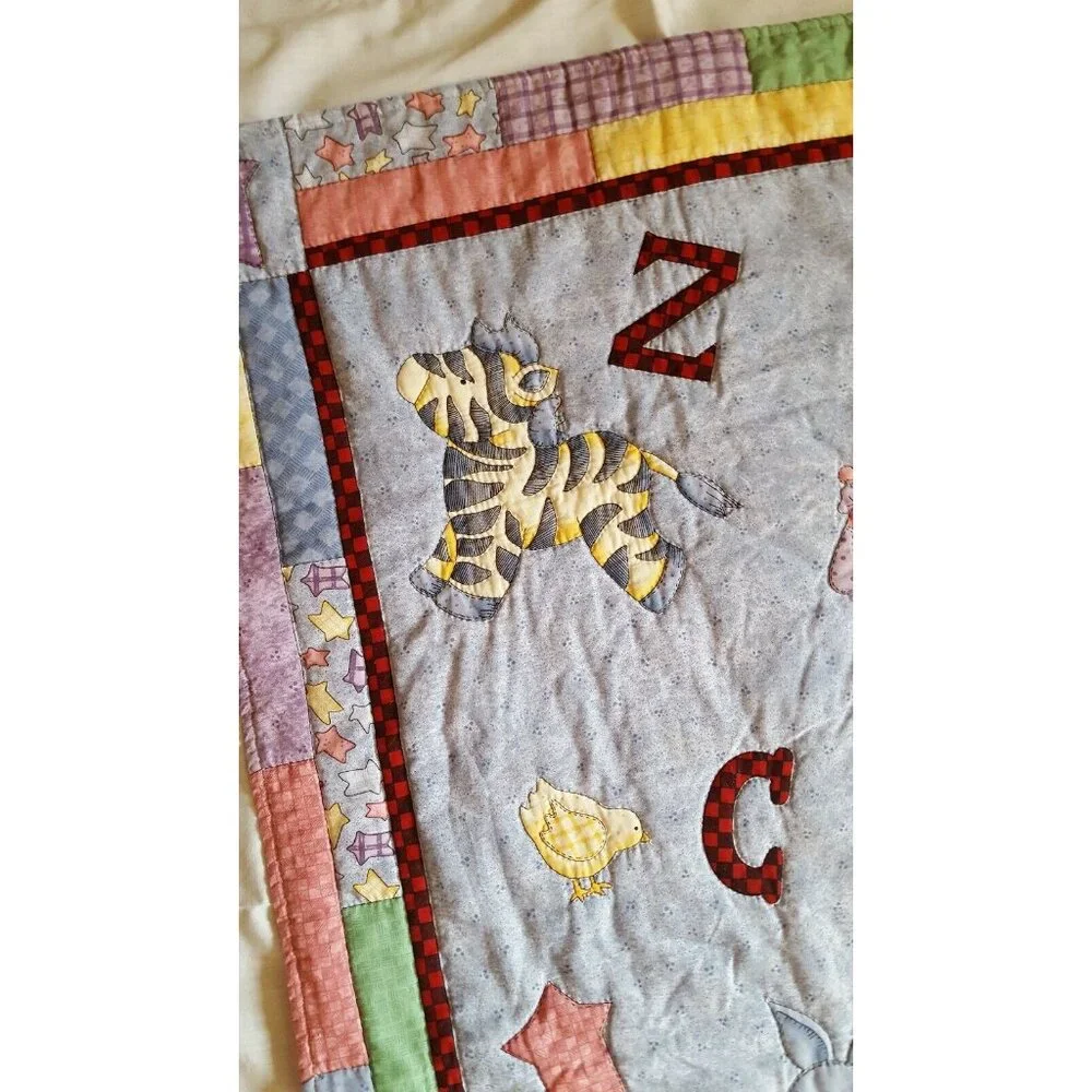 Baby Quilt Throw Crib Alphabet Zoo Animals Blue Pink Bear Lion Rabbit Stitched 3